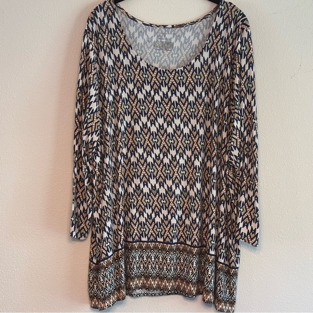 Investments Patterned Women's Blue & Cream Tunic 3/4 Sleeve Size 3X